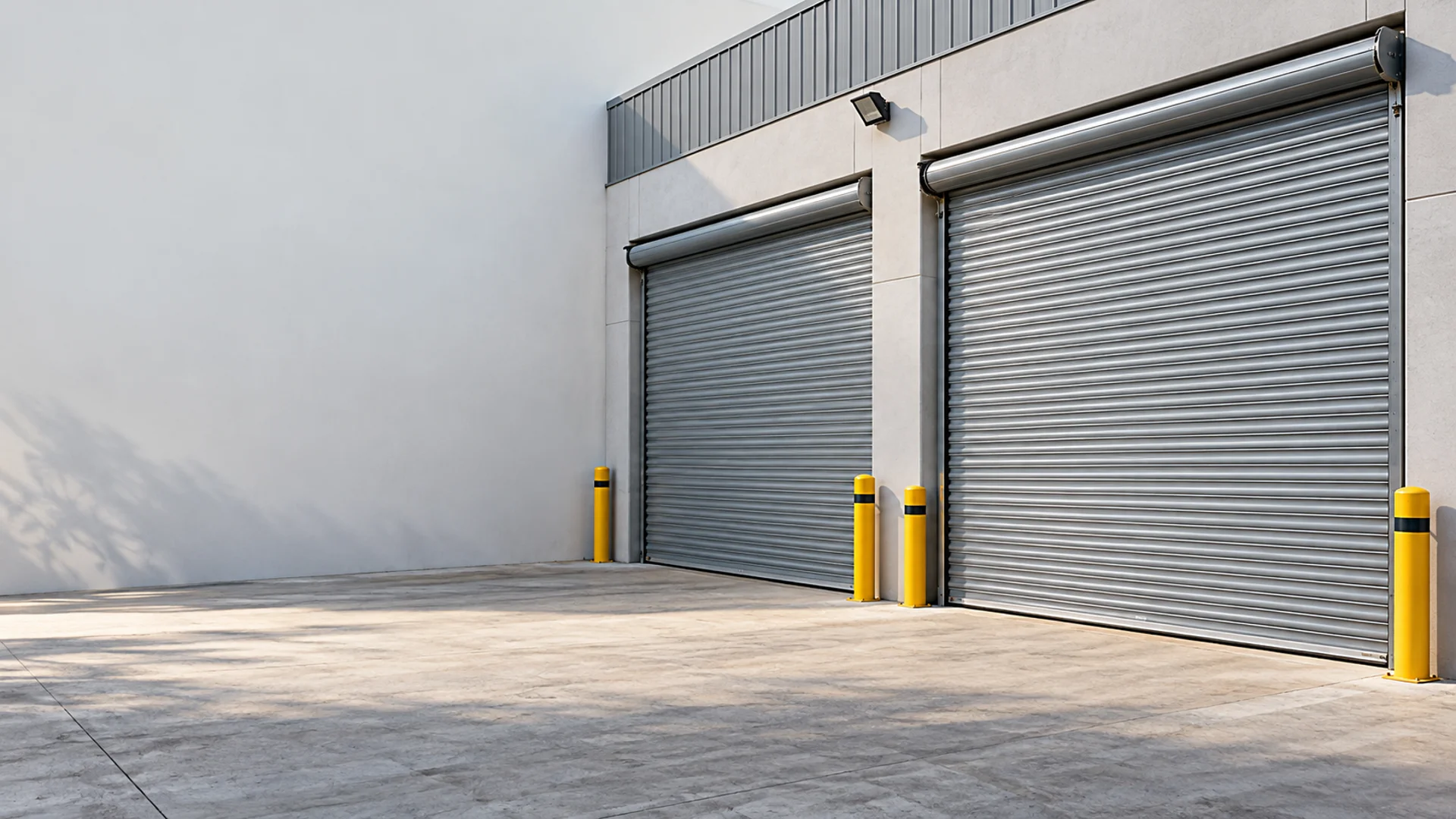 Accesos contiguos con cortinas metálicas en un entorno comercial.