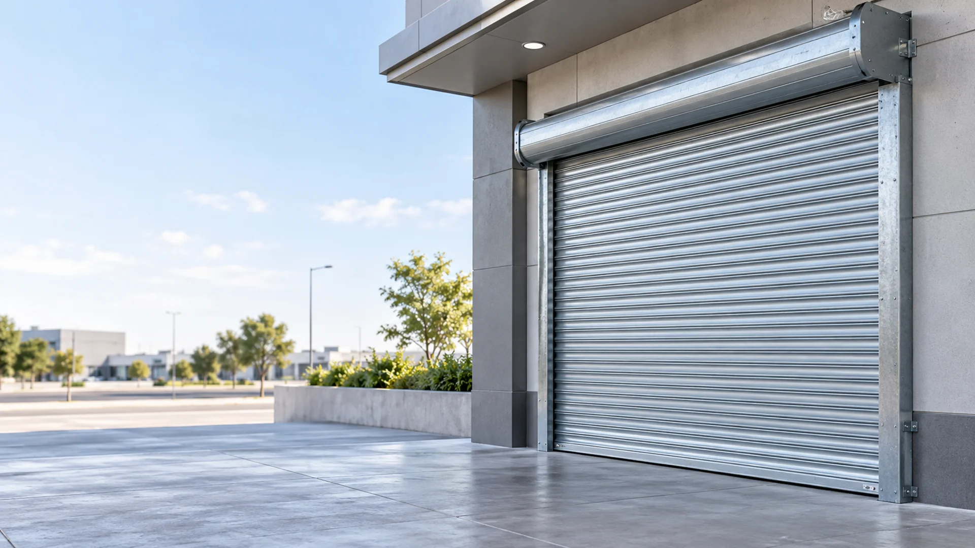 Acceso comercial con cortina metálica para evaluar una cotización.